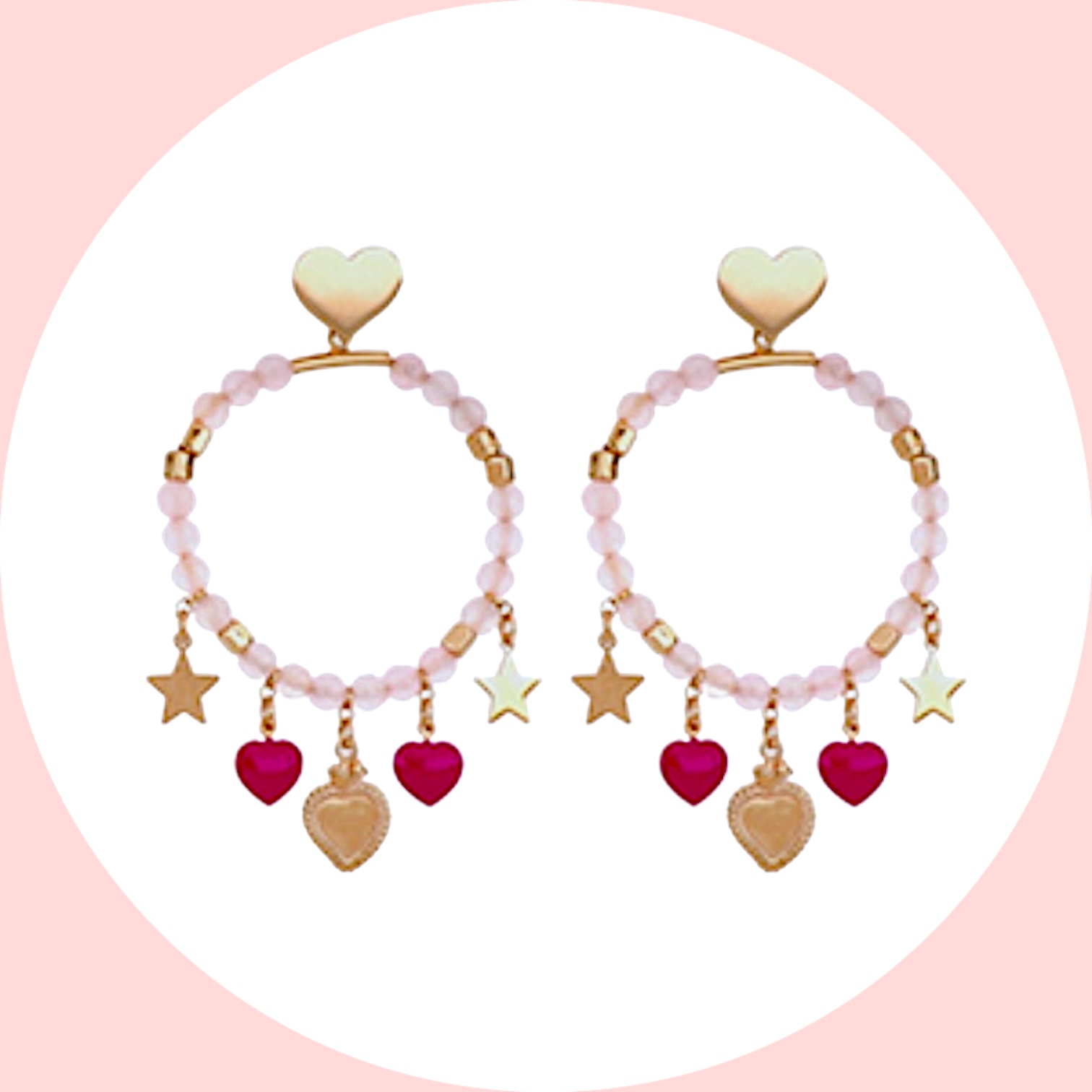 Orecchini a cerchio con quarzi rosa e charms CUORI Milano